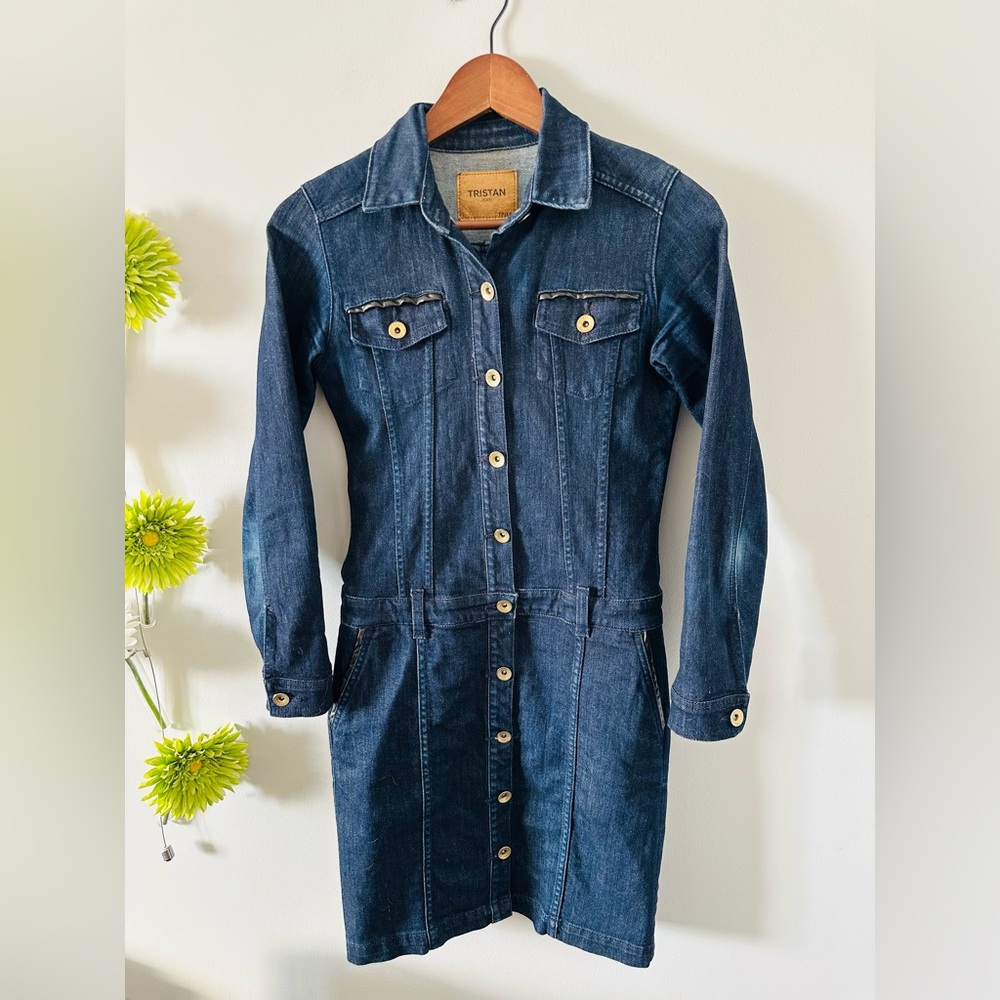Tristan | Gorgeous Trendy Denim Dress with Gold Accent and Leather Trims